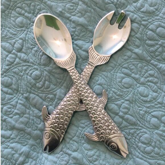 Unknown Other - Salad Serving Utensils Fork and Spoon Sandcast Aluminum 12"